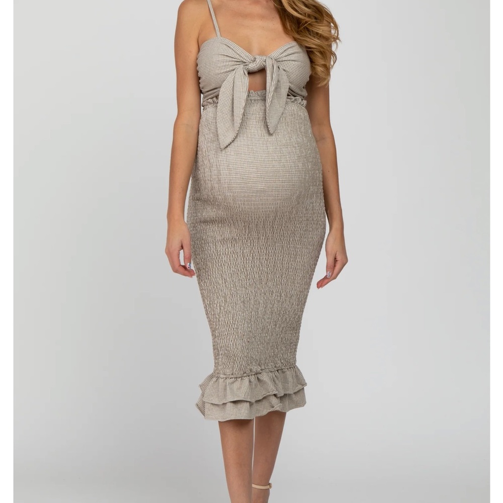 Mocha Gingham Print Smocked Fitted Self-Tie Maternity Midi Dress